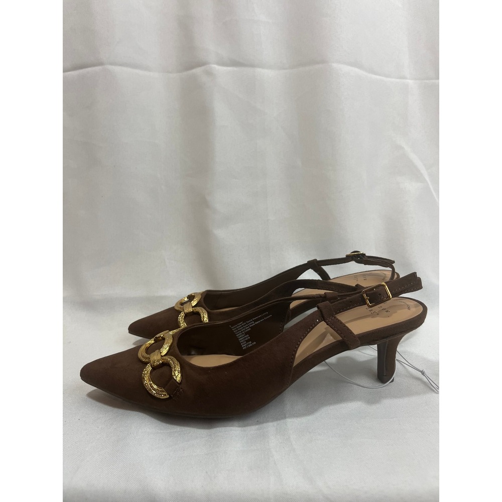 A New Day Women Brown Faux Suede Slingback Kitten Heels Gold Chain Detail Size 8